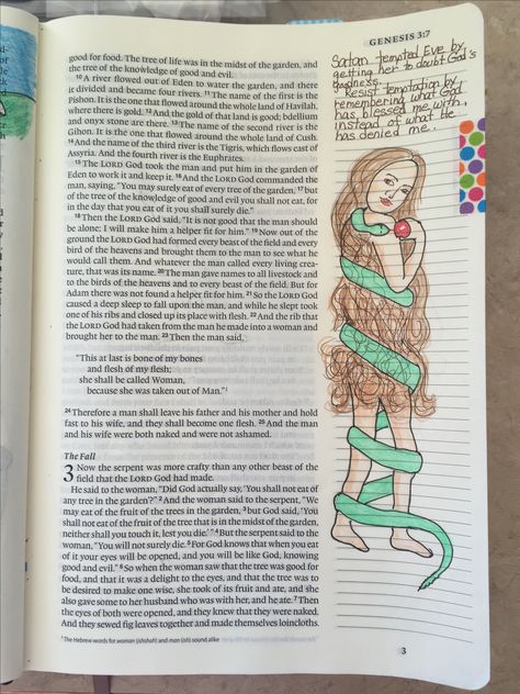 Genesis 3 - The fall of Adam and Eve Bible journaling Genesis 3 Bible Journaling, Adam And Eve Bible Lesson, Genesis Drawing Bible Art, Genesis Chapter 3, Bible Journaling Notes, Bible Journaling Genesis Cain And Abel, Eve Bible, Genesis 1:27 Bible Journaling, Adam And Eve Bible Journaling