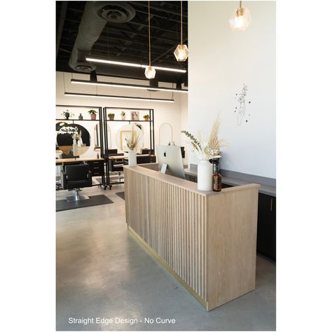 Wood Slat Desk, Salon Lobby, Neutral Salon, Minimal Reception, Simple Reception Desk, Cash Desk, Spa Vibes, Hostess Stand, Wood Reception Desk