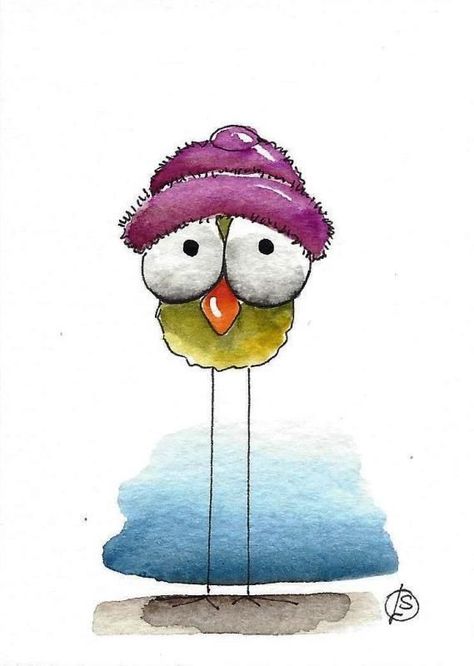 Whimsical Animal Art, Whimsical Art Paintings Watercolour, Whimsical Art Animals, Watercolour Whimsical, Whimsical Bird Art, Pen And Ink Watercolor, Whimsical Birds, Painting Whimsical, Purple Hat