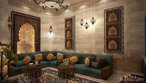 Interior Design  Moroccan sitting room , In Saudi Arabia  ,Auto-desk 3D Max 2014 .. Adobe Photo-shop CS 6 .. Rich Drawing, Morocco Restaurant, Arabic Seating, Moroccan Decor Living Room, Arabian Decor, Moroccan Interior Design, Moroccan Room, Arabic Decor, Moroccan Living Room