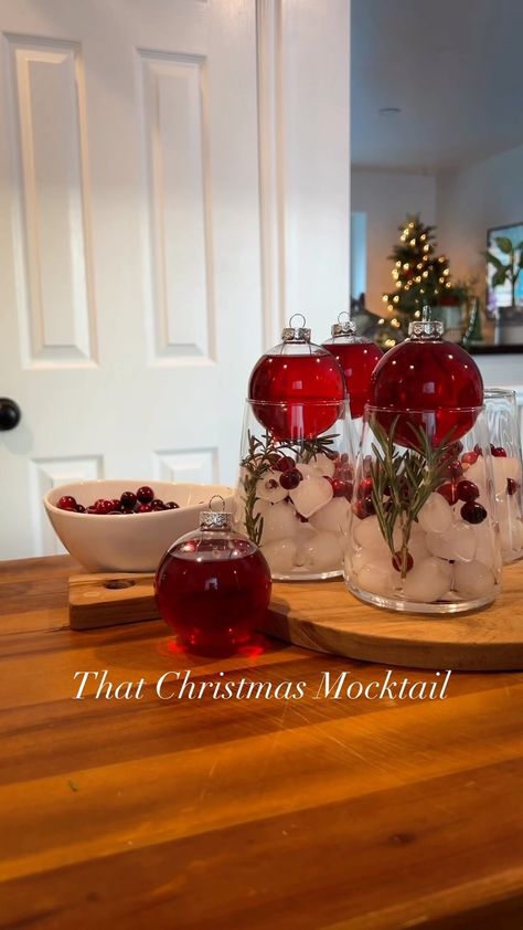 Here are details on the Christmas Drink!! All sold at Walmart Better home and garden stemless wine glasses - $9 Holiday Time glass… | Instagram Christmas Mock Tails, Ornament Drinks Holidays, Christmas Drink Station, Christmas Ornament Drink, Christmas Mocktail, Christmas Mocktails, Christmas Content, Board Night, Cranberry Drinks