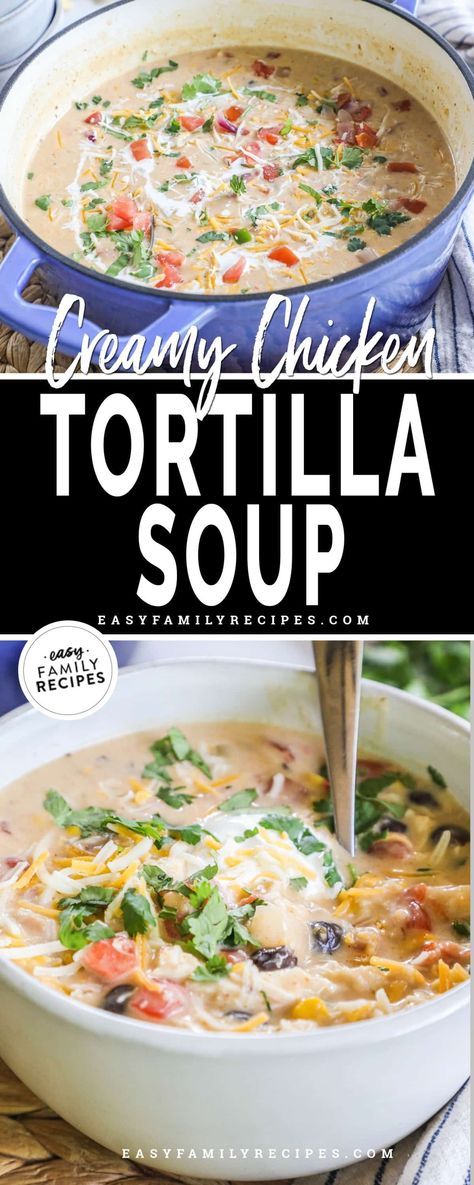 Everyone loves an easy homemade soup recipe! This creamy chicken tortilla soup is a family favorite that is the perfect one pot dinner for busy weeknights. Corn tortillas, pre-cooked chicken, condensed soup, and Mexican spices combine for a flavorful but easy 30 minute soup recipe that everyone will love. It can even be cooked in advance and reheated as needed. Whether you were looking for a make-ahead soup recipe or need a cozy dinner soup that’s filling enough to stand alone, you’ve found it! 30 Minute Soup Recipes, Easy Tortilla Soup Recipe, Best Chicken Tortilla Soup, Tortilla Soup Easy, Easy Creamy Chicken, Easy Homemade Soups, Chicken Soup Recipes Homemade, Creamy Chicken Tortilla Soup, Chicken Tortilla Soup Easy