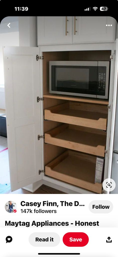 Microwave Cabinet Ideas, Microwave Shelf Cabinet, Built In Microwave Cabinet, Lowes Kitchen Cabinets, Small Kitchen Redo, Roll Out Shelves, Microwave Cabinet, Microwave Shelf, Oven Cabinet