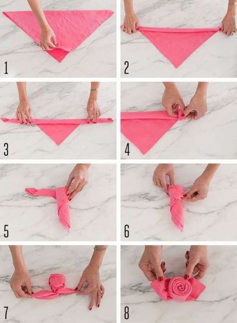 14 pliages de serviettes faciles pour vos magnifiques tables de fêtes Napkin Folding Tutorial, Cloth Napkin Folding, Creative Napkins, Towel Animals, Pink Napkins, Creative Tables, Valentines Day Dinner, Towel Crafts, Napkin Folding