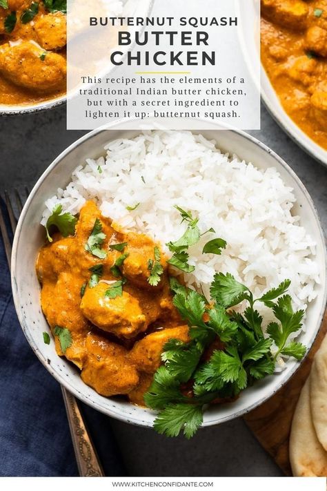 Butternut squash butter chicken in a bowl served with white rice and garnished with cilantro Butternut Squash Butter Chicken, Simple Butter Chicken, Butternut Squash Butter, Butter Squash Recipe, Butternut Recipes, Butternut Squash Curry, Chicken And Butternut Squash, Indian Butter Chicken, Butter Chicken Recipe