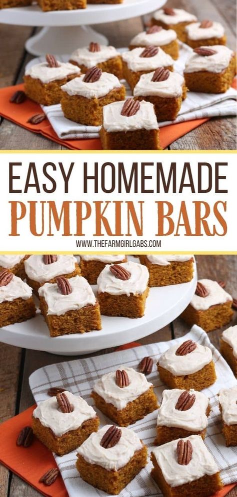 These easy to make pumpkin bars have the perfect combination of pumpkin and spices. Slather on the cream cheese frosting that also has pumpkin pie spice flavor and you have a hit! These delicious pumpkin bar cookies are an easy fall dessert. This pumpkin dessert recipe is definitely a keeper! Pumpkin Bar Cookies, Easy Fall Apple Recipes, Pumpkin Nut Bread, Pumpkin Bar, Pumpkin Pie Bars Recipe, Soft Pumpkin Cookies, Fall Apple Recipes, Pie Bar Recipes, Pumpkin Recipes Easy