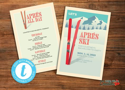 "NOW SOLD AS A SET! The perfect invitation for your upcoming ski or winter themed bachelorette party! We love the trending \"Apres Ski\" theme and think this invitation & itinerary set the tone for a great weekend.  Shop the entire Apres Ski Bridal Collection here: https://etsy.me/3iFMKmq Easily add your information through Templett! [id: 24365077] Once purchased, you receive instant access to edit and send to the printer. Even better, you can send as a digital invite through text or email inste Apres Birthday Party, Apres Ski Party Invitation, Apres Ski With The Bride To Be, Retro Ski Party, Apres Ski Invitation, Apres Ski Birthday Party, Après Ski Party, Ski Lodge Party College, Apres Ski Theme Party