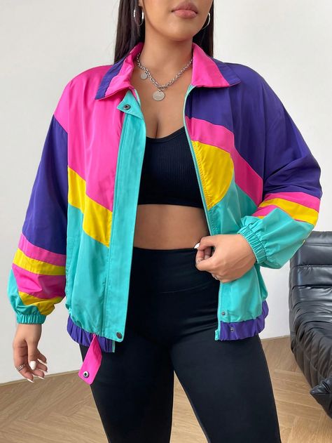 Plus Size Casual Color Blocking Drop Shoulder Zip-Up Jacket, Spring & Autumn Multicolor Casual  Long Sleeve Fabric Colorblock,Striped Windbreaker Slight Stretch Spring/Fall Women Plus Clothing, size features are:Bust: ,Length: ,Sleeve Length: Dbz Oc, Plus Size Casual, Zip Up, Colorful Leggings, Plus Clothing, Drop Shoulder, All Fashion, Women Clothes Sale, Color Blocking