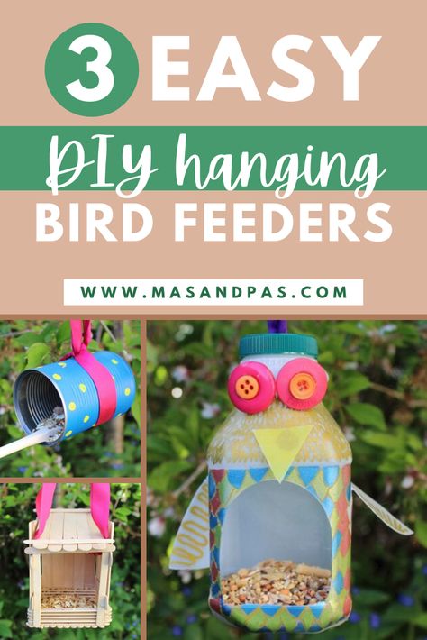 A tutorial and guide to making 3 different but easy handing bird feeders from mostly recyclable materials! The birds will love you for making and handing these in your yard, and your kids will love making these and then watching the birds come to eat! #birdfeeder #DIYbirdfeeder #craftsforkids #craftykids #naturecrafts Homemade Bird Feeder, Bird Feeders For Kids To Make, Pine Cone Bird Feeder, Make A Bird Feeder, Bird Feeder Craft, Easy Bird, Homemade Bird Feeders, Diy Pinecone, Nature School