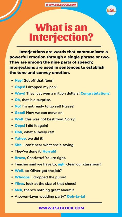 Interjections Anchor Chart, Interjections Worksheet, Parts Of Sentences, Speech In English, English Conversation Learning, English Grammar Notes, English Spoken, Writing Introductions, English Grammar Book