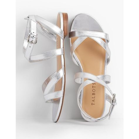 Talbots Women's Keri Multi Straps Ankle Strap Sandals : Metallic ($99) ❤ liked on Polyvore featuring shoes, sandals, silver, stacked heel sandals, crisscross sandals, ankle tie sandals, flat pumps and metallic shoes Sandals Outfit Casual, Girls Shoes Teenage, Ella Shoes, Silver Flat Sandals, Strap Sandals Flat, Stacked Heel Sandal, Size 11 Women Shoes, Ankle Tie Sandals, Dressy Sandals