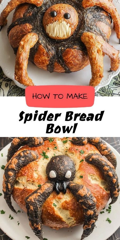 Halloween Spider Bread Bowl: Spooky & Delicious Centerpiece Add a creepy-cool touch to your Halloween party with this Spider Bread Bowl. Perfect for soups or dips, it's a festive way to spookify your table and delight guests with edible art! #HalloweenTreats #SpookyEats Spider Bread Bowl, Spider Bread, How To Make Spiders, Favorite Soups, Bread Bowl, Spooky Treats, Bread Bowls, Halloween Spider, Edible Art