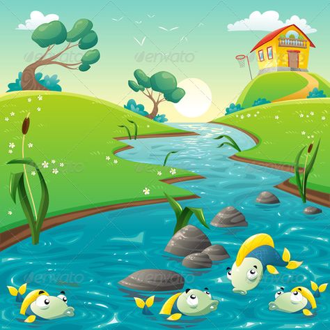 Landscape with river and funny fish. Vector illustration.  Folder contains:  EPS file; High Resolution JPG file; River Drawing, Landscape With River, Funny Fish, Fish Vector, Fish Drawings, Framed Wallpaper, Landscape Drawings, Landscape Illustration, Art Drawings For Kids