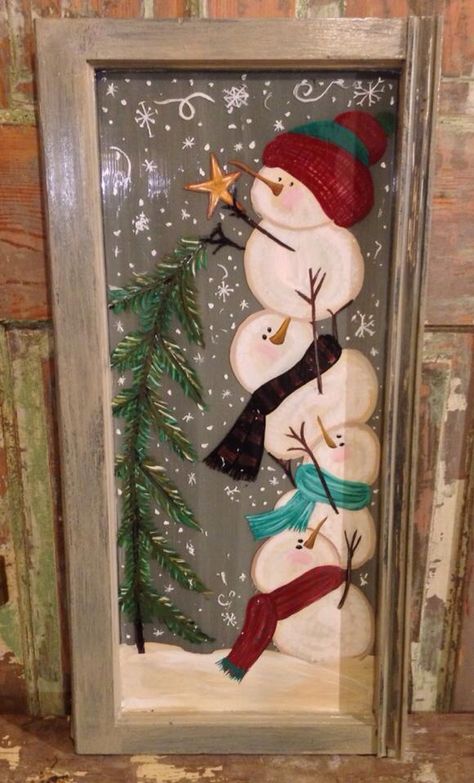 Snowmen painted on old window. Christmas Window Decoration, Window Crafts, Snowman Painting, Christmas Window, Window Painting, Noel Christmas, Christmas Paintings, Winter Crafts, Christmas Deco