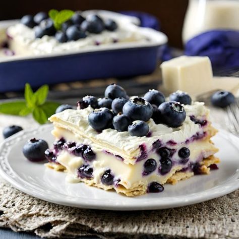 White Chocolate Blueberry Lasagna Recipe, Blueberry Lasagna, Melted White Chocolate, Chocolate Blueberry, White Chocolate Shavings, Instagram Recipes, Twisted Recipes, Melting White Chocolate, Yummy Comfort Food