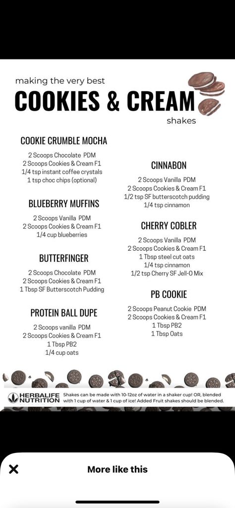 Herbalife Cookies And Cream, Oreo Protein Shake, Almond Milk Ice Cream Recipe, Herbalife Flavors, Beginner Workout Schedule, Herbal Life Shakes, Protein Drink Recipes, Herbalife Protein, Flavored Water Recipes