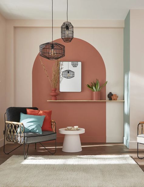 Une arche terracotta dans un salon rose poudré Terracotta Wall Color, Decoration Terracotta, Terracotta Interior Design, Deco Terracotta, Terracotta Living Room, Terracotta Bedroom, Contemporary Garden Design, Interior Design Per La Casa, Deco Salon