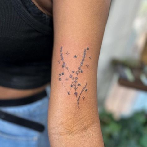 Stars And Plants Tattoo, Forearm Tattoo Women Stars, Flower And Stars Tattoo Designs, Flower And Stars Tattoo, Flowers And Stars Tattoos, Star And Flower Tattoos, Stars And Flowers Tattoo, Star Sky Tattoo, Flower And Star Tattoo