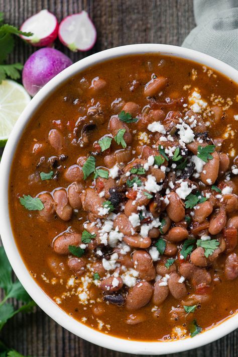 Mexican Beans Recipe, Beans Instant Pot, Mexican Beans, Charro Beans, Pinto Bean Recipes, Bacon Crisps, Homemade Beans, Hot Pepper Sauce, Instant Pot Dinner Recipes