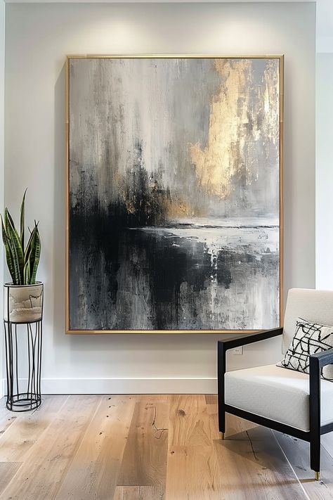 Original handmade abstract landscape painting with gray, black, and gold tones depicting a moody, textured scene with dramatic contrasts Abstract Artwork Painting, Wabi Sabi Painting, Wabi Sabi Decor, Art Painting Techniques, Abstract Art Painting Techniques, Abstract Painting Techniques, Gold Leaf Art, Soyut Sanat Tabloları, Interior Painting