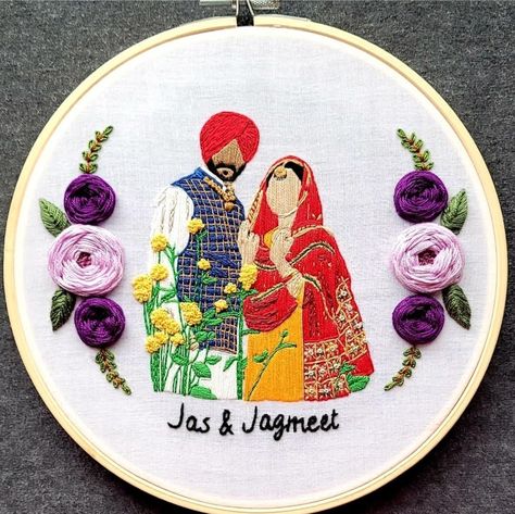 Bday Frames, Wedding Embroidery Hoop, Simple Frock, Phulkari Embroidery, Punjabi Culture, Embroidery Hoop Art Diy, Portrait Embroidery, Frame Work, Wedding Hoop