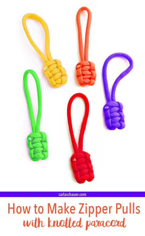 These would be a great craft for camp! Make paracord zipper pulls for hoodies, bags, tents, and more using a simple paracord knot. Tutorial from carlaschauer.com #paracord #craft #550 #camping #zipperpull #replacement #cobraknot Joey Scouts, Softball Bag Tags, Paracord Zipper Pull, Camping Tricks, Paracord Projects Diy, Softball Crafts, Camping Knots, Knot Tutorial, Jeep Stickers