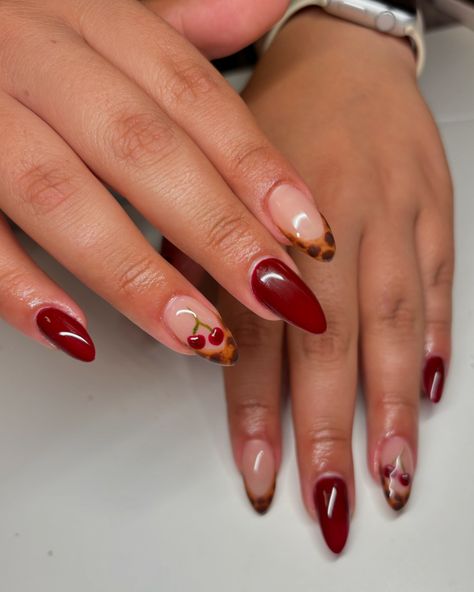 the cutest combo 🧸 this is your sign to book your fall set❣️ #gelx #fallnails #fallnailinspo #nailart #nailartist #rednails #tortoisenails #cherrynails Uñas Aesthetic, Cherry Nails, Art Brush, Nail Art Brushes, Cute Nail Designs, Cute Acrylic Nails, Nail Artist, Red Nails, Nail Ideas