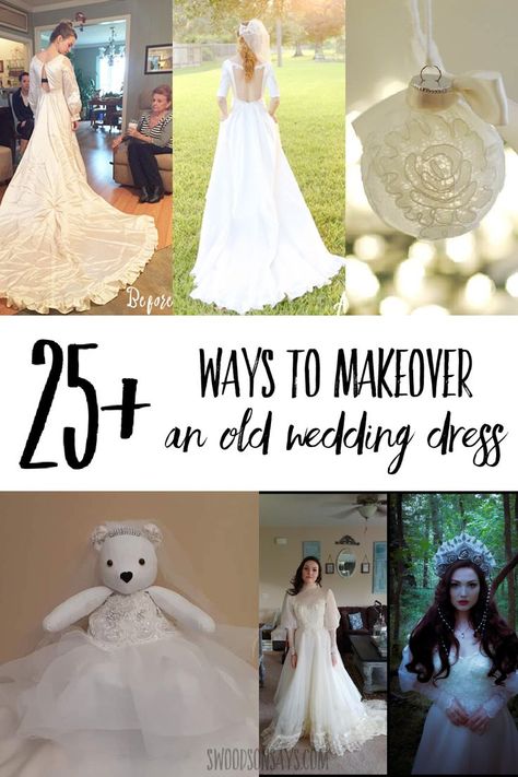 25+ wedding dress refashion + upcycle ideas - a curated list of inspiration for ways to makeover old wedding dresses! Using Moms Wedding Dress Ideas, Ways To Repurpose A Wedding Dress, What To Make From Old Wedding Dress, Dress Makeover Refashioning, Mom Wedding Dress Repurpose, What To Do With Wedding Dress After, Old Wedding Dress Redesign, Mothers Wedding Dress Repurpose, Moms Wedding Dress Redone