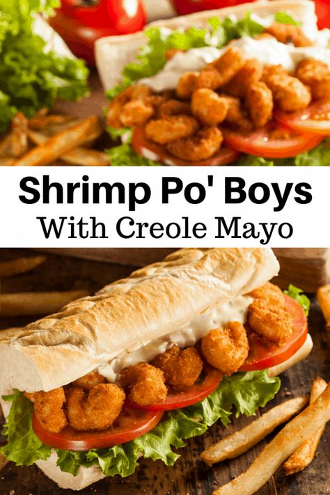 Crispy fried shrimp are topped with a homemade Creole Mayo and served on a lettuce and tomato lined hoagie roll. These Shrimp Po' Boys are so delicious. #ShrimpPoBoys #SeafoodRecipe #ShrimpRecipe Poboy Sandwich, Shrimp Po Boy Recipe, Crispy Fried Shrimp, Smoked Shrimp, Shrimp Po Boy, Cajun Dishes, Super Bowl Commercials, Deep Fried Food, Chicken And Shrimp