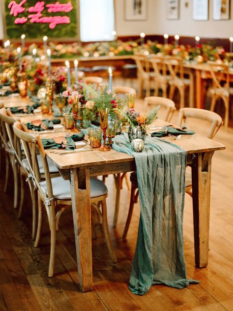 Glass Wedding Table Decorations, Green Cheese Cloth Table Runner Wedding, Glass Table Decor Wedding, Wedding Tables No Tablecloth, Sage Green Boho Wedding Table Decor, Green Gauze Table Runner Wedding, Sage Green Runner Wedding Table, Banquet Wedding Table Decor, Wedding Reception Table Runners