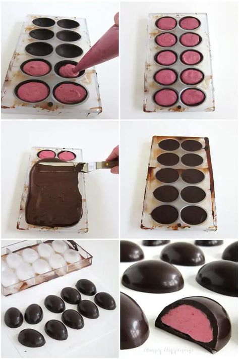 Raspberry Candy Filling, Fruit Filled Chocolates, Diy Filled Chocolates, Chocolate Mold Filling Recipes, How To Make Filled Chocolates, Fillings For Chocolate Molds, Diy Chocolates In Molds, Chocolate Candy Filling Recipes, Chocolate Fillings Candy