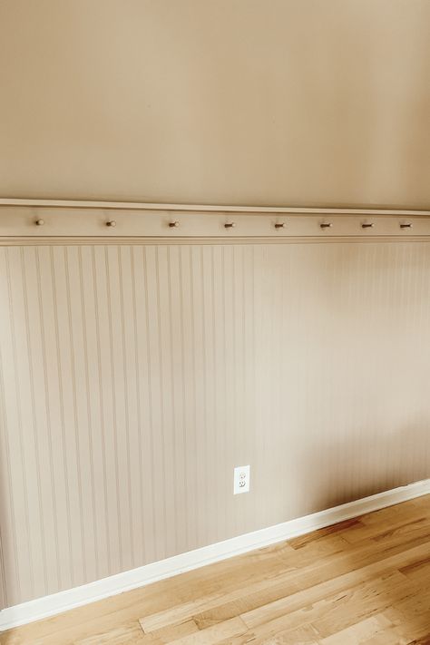 Boarded Accent Wall, Beadboard Molding Ideas, Beadboard Mudroom Ideas, Picture Ledge Trim, Pine Beadboard Walls, Cottage Wall Paint, Peg Shelf Bedroom, Bead Board And Batten Wall, Paneling Nursery Wall