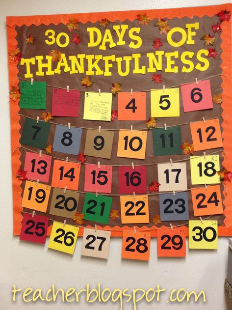 30 Days of Thankfulness! A cute interactive bulletin board for the classroom or the teacher lounge! Room Door Ideas, October Bulletin Boards, November Bulletin Boards, Thanksgiving Bulletin Boards, Work Bulletin Boards, Interactive Bulletin Boards, Halloween Bulletin Boards, Teacher Bulletin Boards, Interactive Bulletin Board