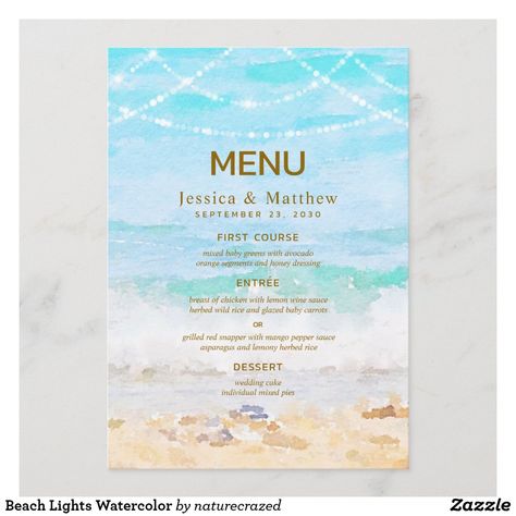 Beach Lights Watercolor Menu Beach Wedding Menu, Grilled Red Snapper, Beach Lights, Glazed Baby Carrots, Spa Brochure, Watercolor Menu, Honey Dressing, Rice Desserts, River Side