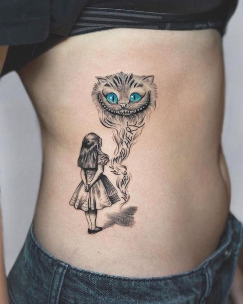 Alice Tattoo Wonderland, All Mad Here Tattoo, We're All Mad Here Tattoo, Alice In Wonderland Tattoos, Simple Cat Tattoo, Tattoo Gato, Here Tattoo, White Rabbit Tattoo, Cheshire Cat Tattoo