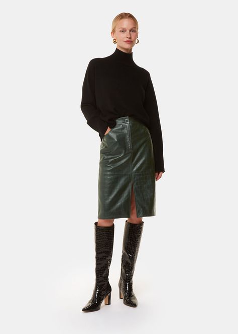 Dark Green Skirt, Petite Dresses Casual, Tailoring Jeans, Leather Jumpsuit, Workwear Essentials, Denim Workwear, Knee Length Skirt Pencil, Cashmere Dress, Croc Leather