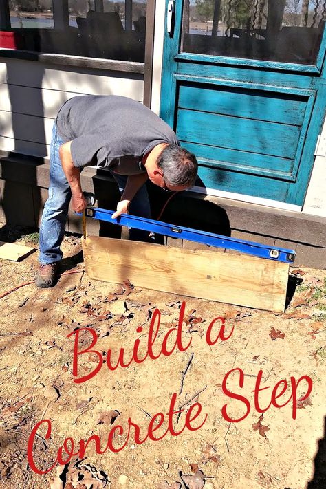 DIY your own concrete step with this easy tutorial. Refresh your exterior with this inexpensive option for building a step. See full instructions on the blog. Cement Steps Diy, Pouring Concrete Steps, Diy Concrete Steps, Repairing Concrete Steps, Concrete Front Steps, Concrete Step, Cement Steps, Outside Steps, Garage Entryway