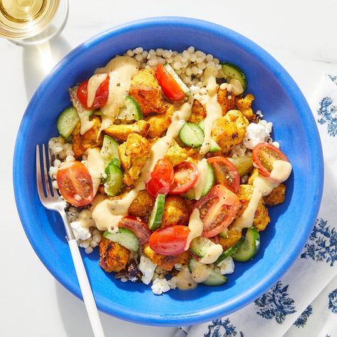 Recipe: Shawarma Chicken & Couscous Bowl with Marinated Vegetables & Dijon-Tahini Sauce - Blue Apron Chicken Couscous Bowl, Couscous Bowl, Shawarma Chicken, Chicken Couscous, Meal Service, Blue Apron Recipes, Marinated Vegetables, Chicken Shawarma, Cooking Spray