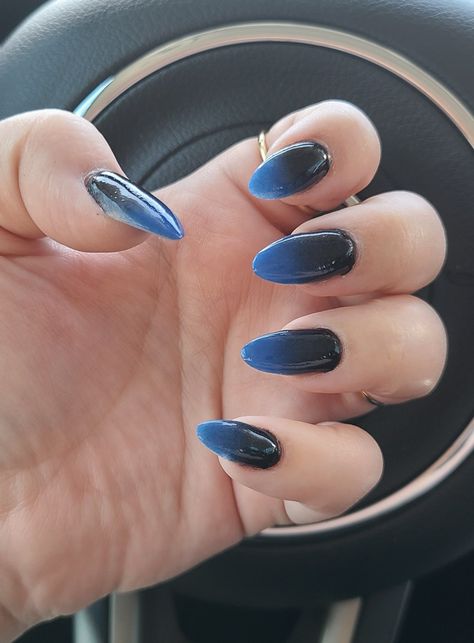 Short Almond Acrylic Nails Dark Blue, Black And Blue Nails Acrylic Almond, Black Nails With Blue Accent Nail, Short Almond Nails Dark, Dark Blue Nails With Design Almond, Midnight Blue And Black Nails, Dip Ombre Nails Almond, Black Nails With Blue Tips, Navy Blue And Silver Almond Nails