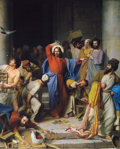 Jesus Cleanses the Temple of the Moneychangers Cleansing The Temple, Jesus Cleanses The Temple, Jesus In The Temple, Pictures Of Christ, Bible Illustrations, Jesus Christ Art, Religious Paintings, Bible Pictures, Biblical Art