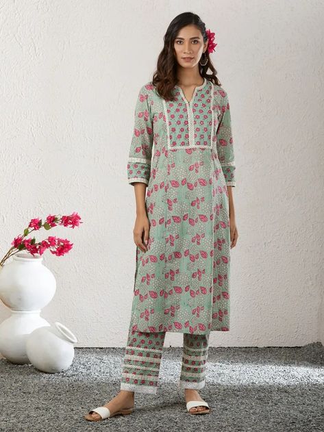 Buy Green Printed Cotton Kurta with Pants- Set of 2 | VJ57JAN102/K268B15/VJ57JAN | The loom The Loom Kurtas, Desi Outfits, View Quotes, Cotton Kurta, Kurta With Pants, Ethnic Wear, The Loom, Indian Outfits, Printed Cotton