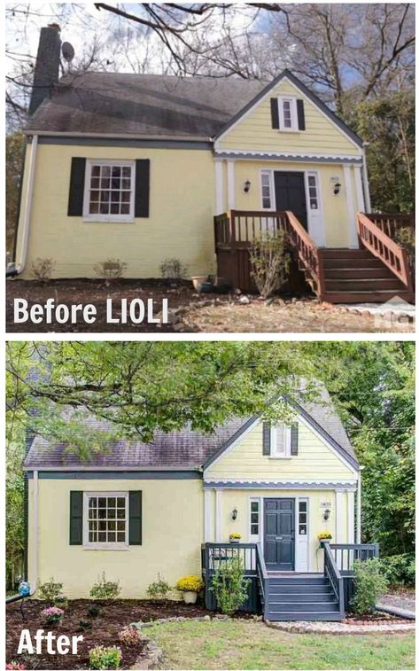 Before & After: A little yellow bungalow remodeled by Hilary Farr and her design team on "Love It or List It." 1940 Bungalow Remodel, 1940s Bungalow Remodel, Yellow Siding Color Schemes Exterior, Bungalow Makeover, Yellow Bungalow, 1940s Interior, 1940s Bungalow, Hilary Farr, Beachy Cottage