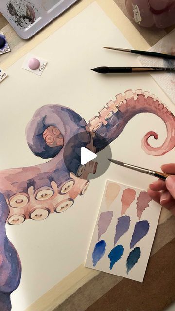 Irene Meniconi | Animal watercolor artist on Instagram: "New tentacle watercolor wip! 
(You can see some of my favorite watercolor tool in the last part of the video 😉)" Watercolor Octopus Tutorial, Irene Meniconi, Octopus Tentacles Art, Octopus Gif, Watercolor Octopus, Octopus Watercolor, Tentacle Art, Animal Watercolor, Black Truck