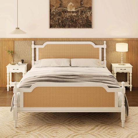 Soges Rattan King Size Bed Frame, Traditional Boho Cane Bed Platform Bed with Natural Rattan Headboard, Solid Wooden Slat Mattress Foundation, Noise Free, No Box Spring Needed, Antique White - Walmart.com Two Poster Bed, French Style Bedroom Vintage, Bed Frame No Box Spring, Rattan Bed Frame, White Rattan, King Size Platform Bed, Rattan Style, Rattan Bed, Cama King Size