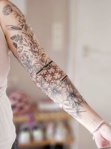 Wrist Tattoos For Women Sleeve, Mountain Botanical Tattoo, Wildflowers Tattoo Sleeve, Floral And Geometric Tattoo Sleeve, Geometric Tattoo Sleeve Designs Women, Geometric Flower Tattoo Sleeve, Life Quote Tattoos For Women, Fine Line Sleeve Tattoo Women, Fine Line Sleeve Tattoo