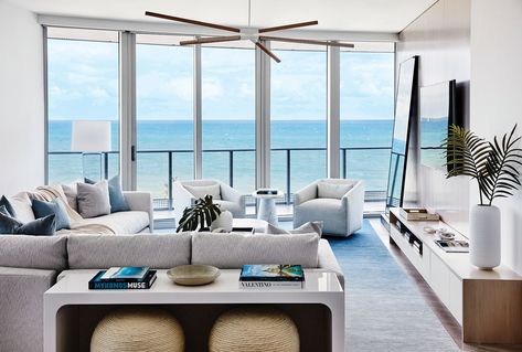 Coastal Surroundings Inspire in Fort Lauderdale Condo - Florida Design Florida Apartments, Workshop Apd, Living Room New York, Florida Interior Design, Miami Condo, Florida Condos, Family Room Sofa, Fort Lauderdale Beach, Condo Design