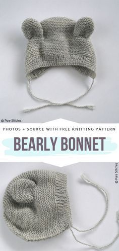 Baby Bonnet Pattern Free, Bear Hat Pattern, Baby Hat Knitting Patterns Free, Baby Bonnet Pattern, Knitted Bear, Baby Hat Knitting Pattern, Crochet Baby Hat, Crochet Baby Hat Patterns, Bonnet Pattern