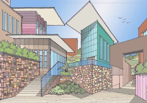 Multi Point Perspective Drawings, Exterior Perspective Drawing, Multi Point Perspective, Library Exterior, Exterior Perspective, Perspective Building, Perspective Drawings, Point Perspective, Perspective Drawing