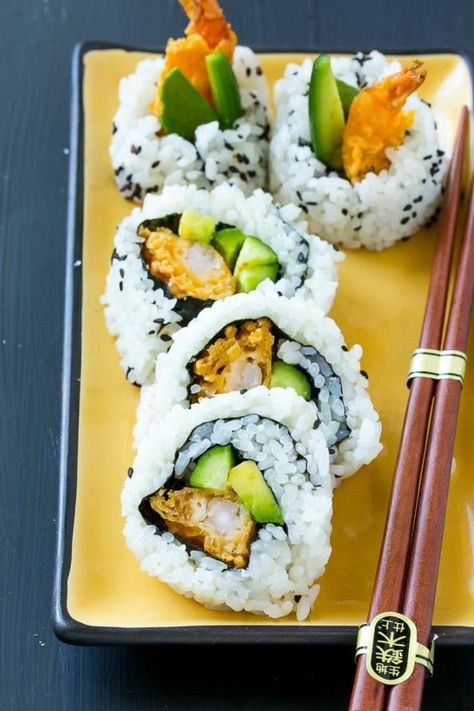 Shrimp Tempura Sushi Roll | Shrimp Tempura Sushi | Shrimp Sushi #sushi #tempura #shrimp #dinner #dinneratthezoo Shrimp Tempura Sushi, Sushi Table, Grill Shrimp, Sushi Ideas, Avocado And Cucumber, Tempura Sushi, Shrimp Tempura Roll, Recipe For Shrimp, Tempura Roll