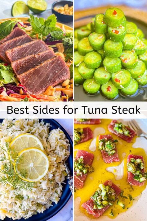 Check out my handy guide to the Best Side Dishes for Tuna Steak! From roasted veggies to fresh salads, rice and potatoes, these easy and flavorful sides pair perfectly with baked, grilled, seared or raw tuna steak recipes. Elevate your tuna dinners with these delicious side dish ideas! Side Dishes For Tuna Steak, Seared Tuna Steak Recipes, Yellowfin Tuna Steak Recipes, Tuna Steak Side Dishes, Tuna Steak Dinner, Rice And Potatoes, Seared Tuna Steaks, Tuna Dinners, Tuna Dishes